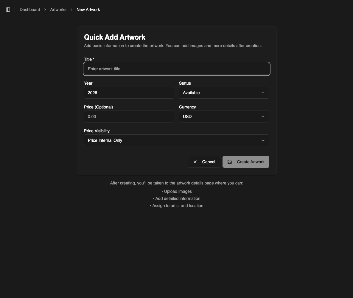 The Quick Add Artwork form