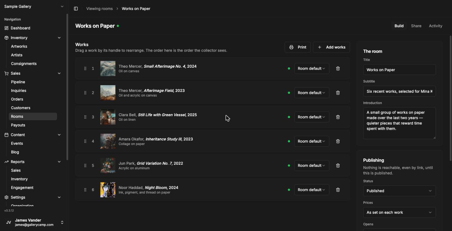 Building a private viewing room: ordering works and setting how prices show.